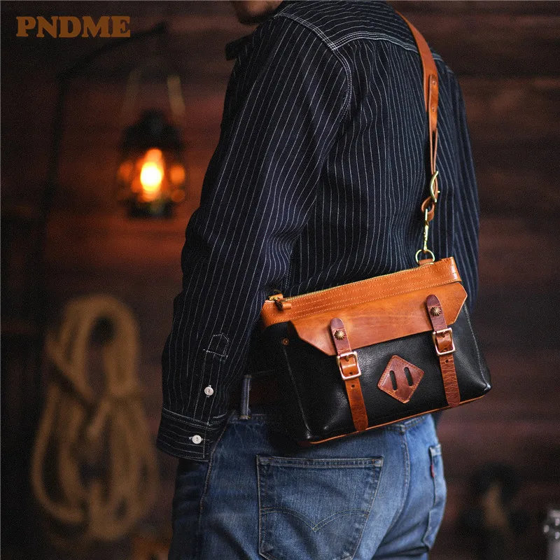PNDME vintage fashion high quality natural genuine leather men's diagonal bag luxury Man with wide shoulder strap shoulder bag