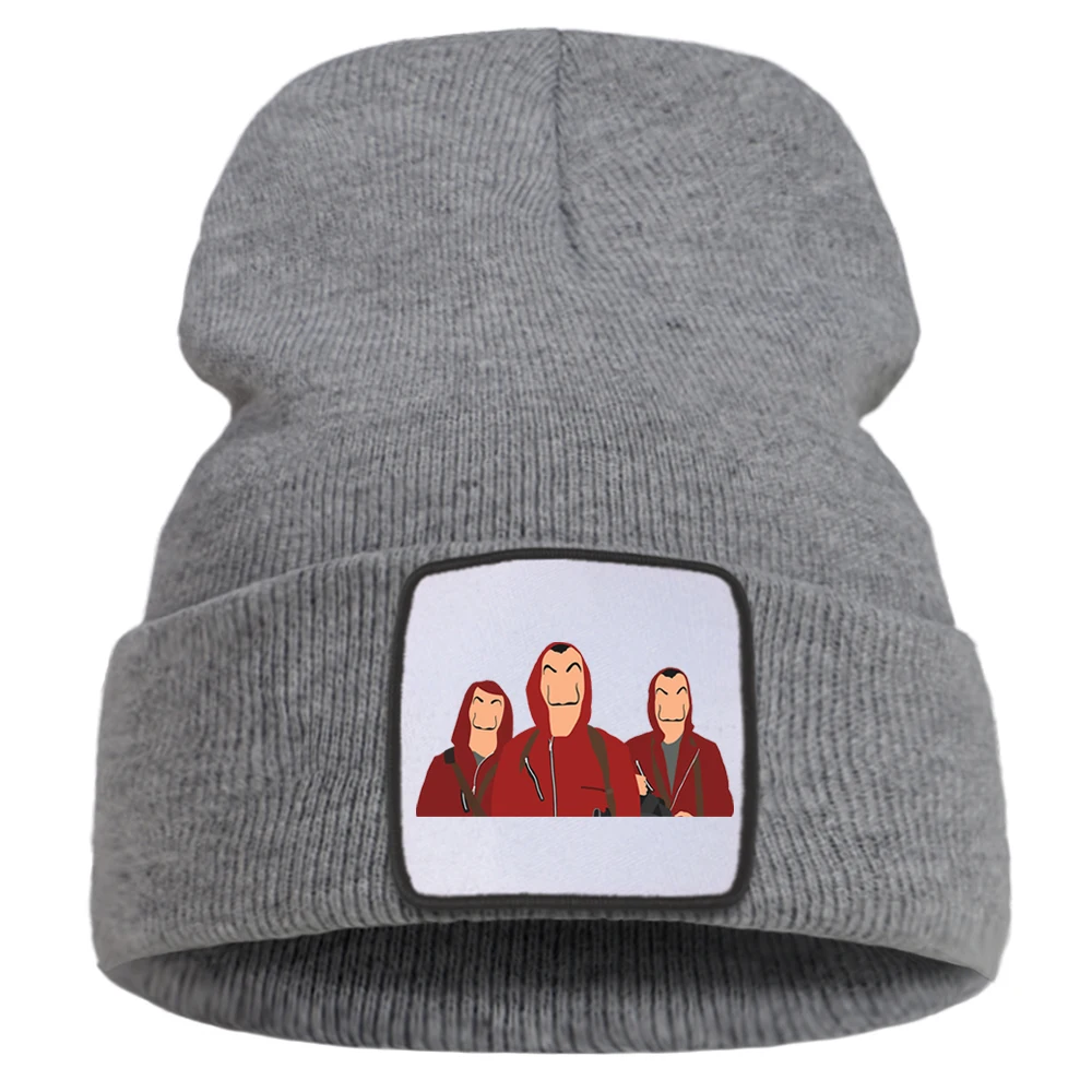 

Cartoon Funny La Casa De Papel Print Ski Unisex Cap Fashion Warm Winter Caps Hot Sale Simple Knitted Caps Thick Skullies Cap