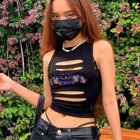 women y2k summer flower round neck sleeveless ripped navel casual womens top sexy streetwear slim fit basic tees