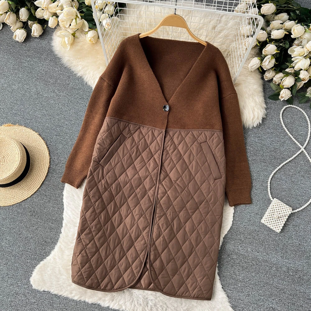 Clothland Women Elegant Patchwork Padded Jacket V Neck Long Sleeve Long Coat Vintage Female Winter Office Tops CA400