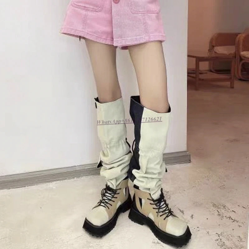 Over-the-knee Boots Women's 2022 New Square Toe Thick Heel Drawstring Stitching Thick-soled Casual Fashion Boots for Women