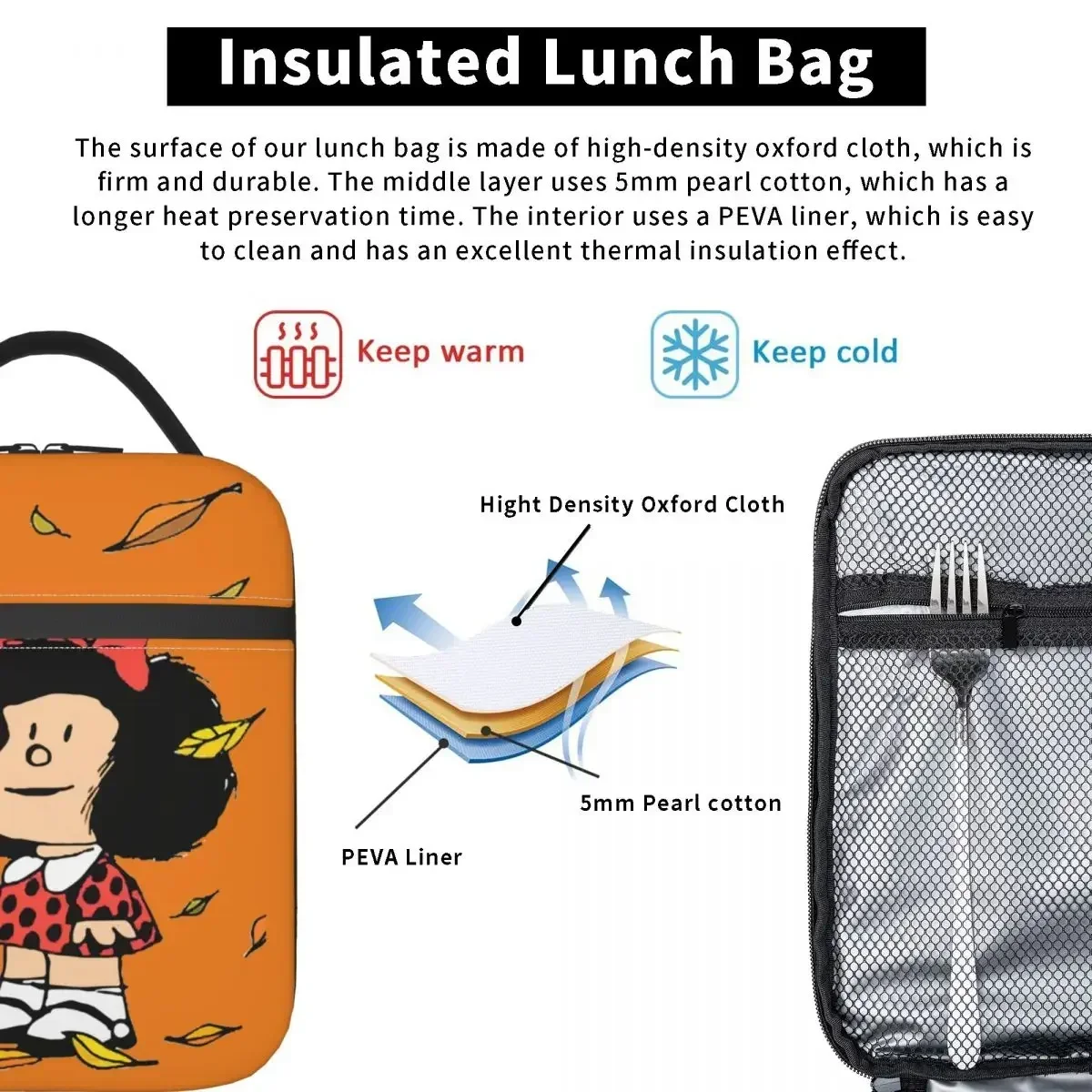 Изолированная обеденная сумка Mafalda с осенними листьями серебристо-мерчатого