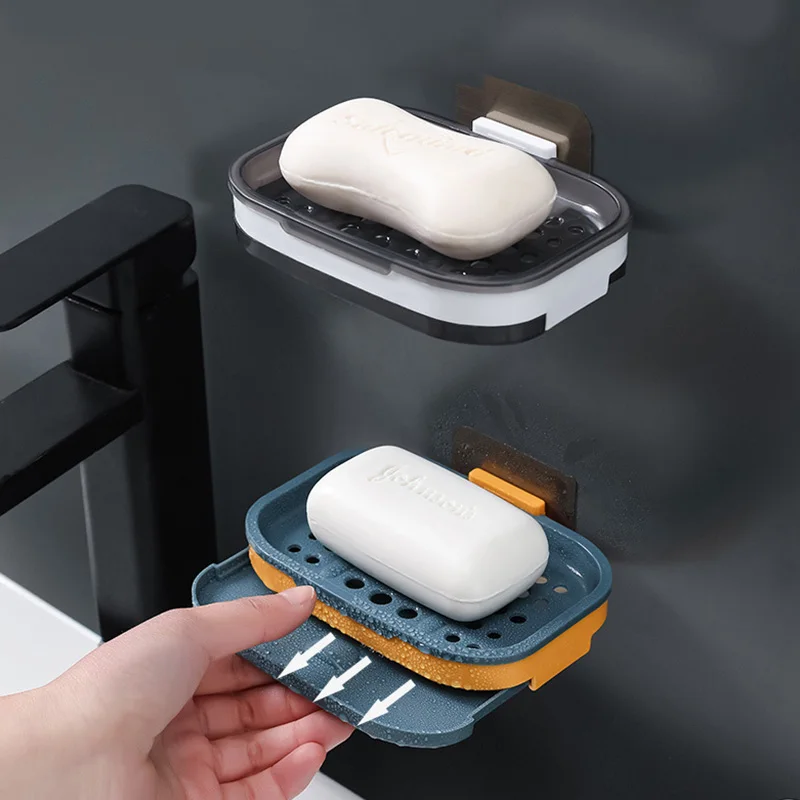 

Wall Mounted Soap Dish 13*8.5*2cm Drain Soap Holder Box Bathroom Drain Water Sponge Holder Bathroom Accessories