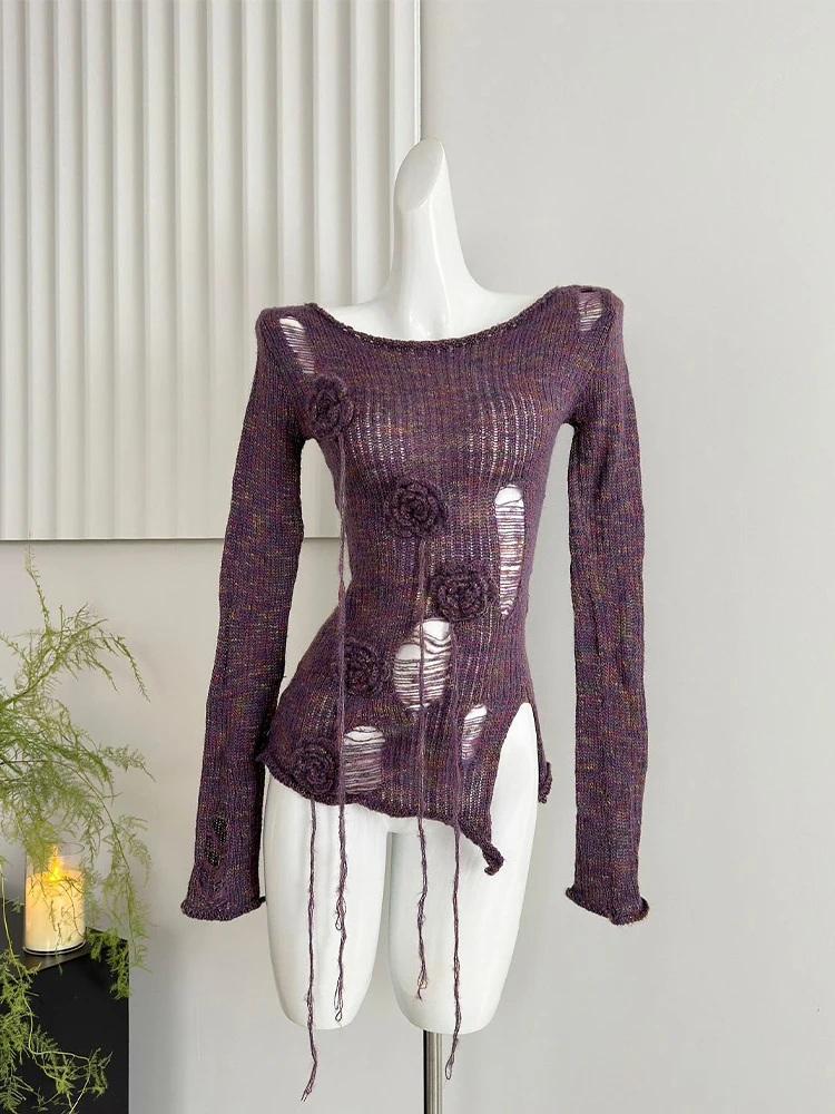 Женский фиолетовый пуловер рваный свитер в стиле Харадзюку вязаные свитера с