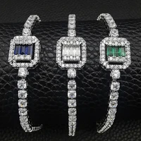 2022 new luxury 3mm cz 18cm blue green rectangle charm silver color on hand bracelet for women wedding girl gift wholesale s7063