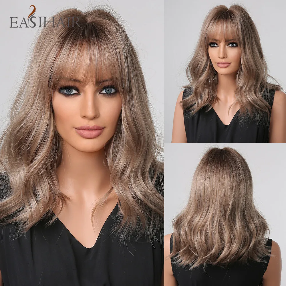 

EASIHAIR Synthetic Wavy Wigs with Bang Brown Ash Blonde Medium Wavy Hair Wigs for Women Daily Cosplay Heat Resistant Women's Wig