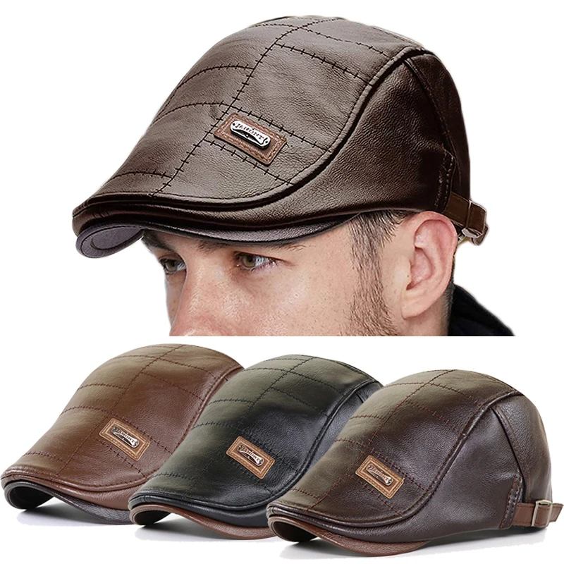 

Vintage PU Leather Beret Hats For Men Autumn Winter Warm Octagonal Cap Casual Newsboy Hat Faux Berets Adjustable Peaked Caps Man