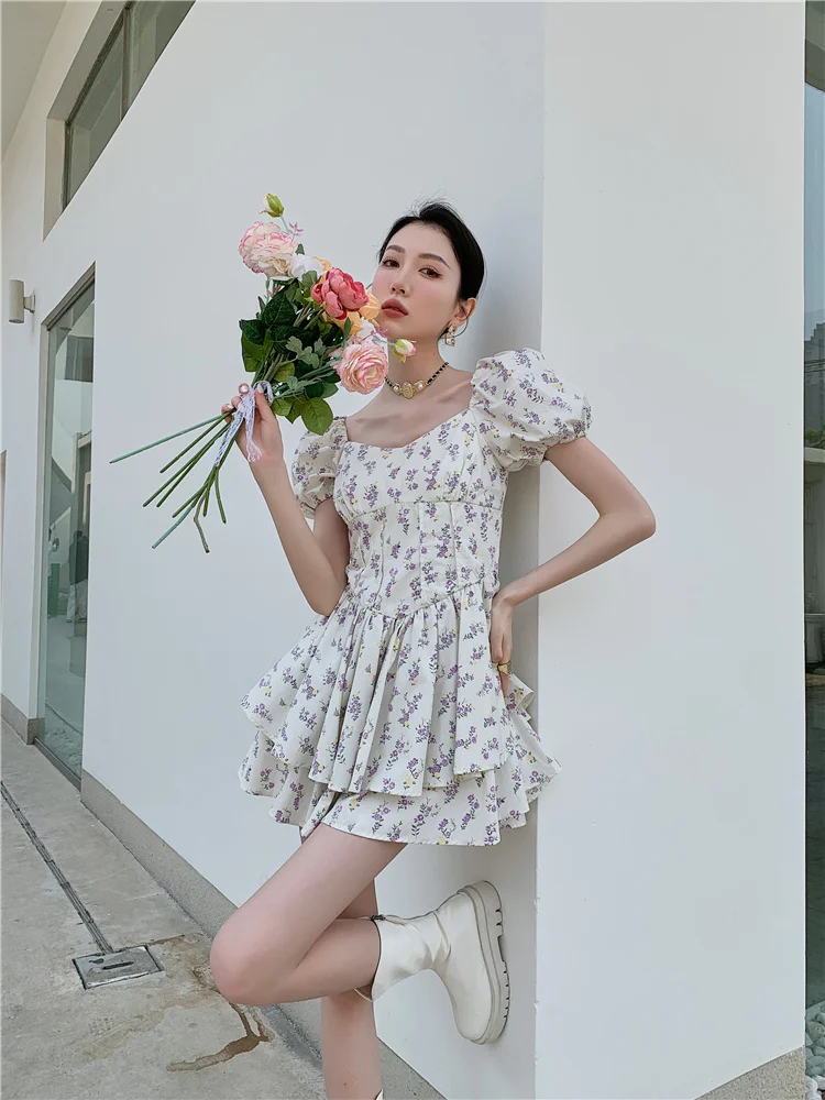

ZCSMLL Puff Sleeve Floral Square Neck Summer Dress Women Short Sleeve Tunics A Line Korean Fashion Short Mini Dress