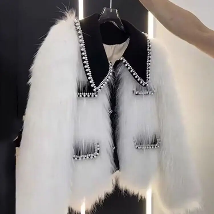 Высококачественное плотное пальто из искусственного меха с бусинами для женщин