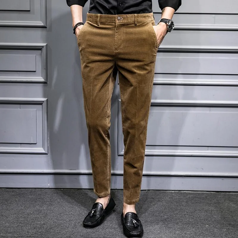 

British Trousers/male Man Suit Dress Pants/men's 2022 Quality Warm Corduroy Keep Business Casual Fit Groom Slim 28-36 Wind High