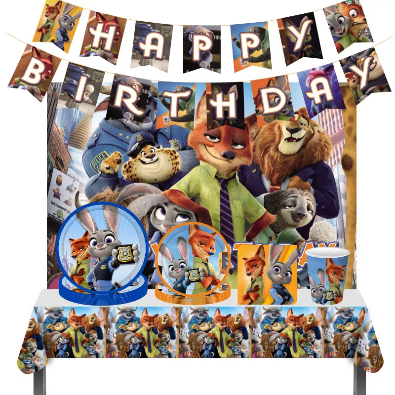 

New Disney Zootopia Birthday Party Decorations Zootropolis Tableware Supplies Anime Birthday Backdrop Banner Cake Topper Tool