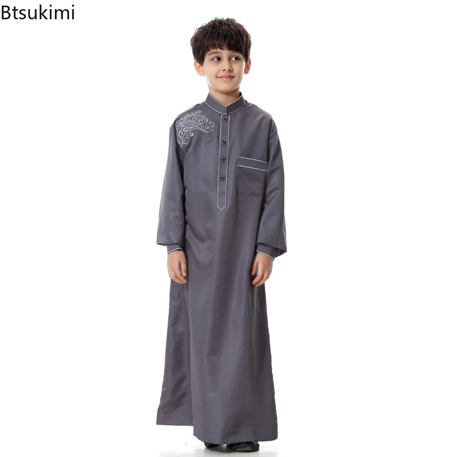 2023 Muslim Boys Kids Children Teens Saudi Robe Jubba Thobe Arab Dress Islamic Clothing Abaya Ramadan Middle East Prayer Wear