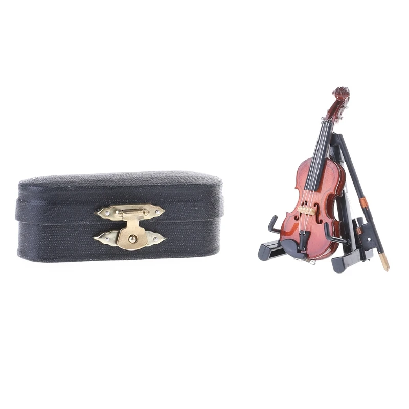 

7CM Mini Violin Miniature Musical Instrument Wooden Model with Support and for C