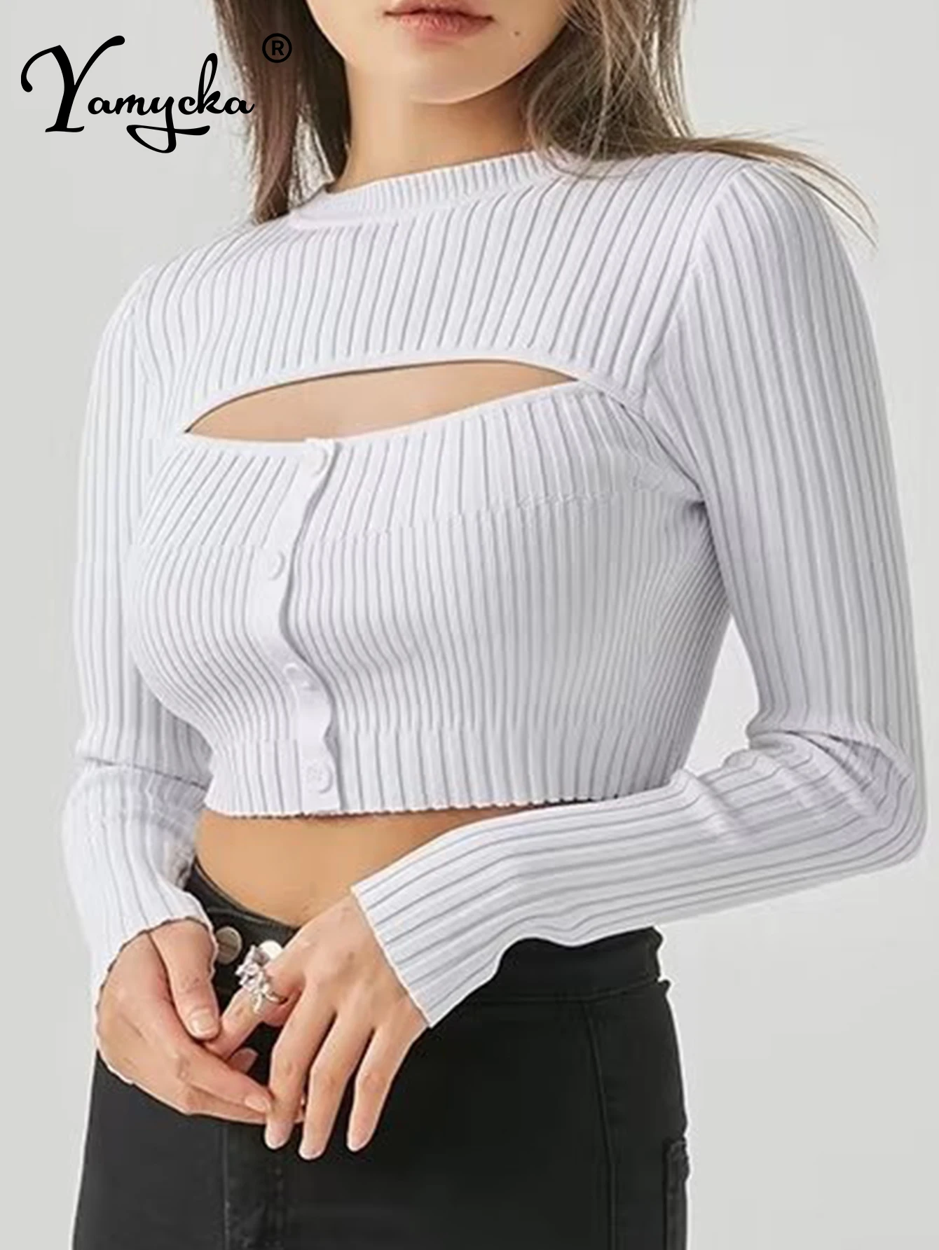 Сексуальный черный белый полый вязаный укороченный топ женская модная уличная