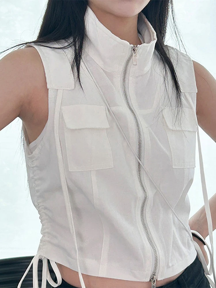 

SEASONS Zip Up Cargo T Shirt Side Drawstring Pockets Sleeveless Crop Top Streetwear Women Korean Fashion Loose Tees ASVE87098