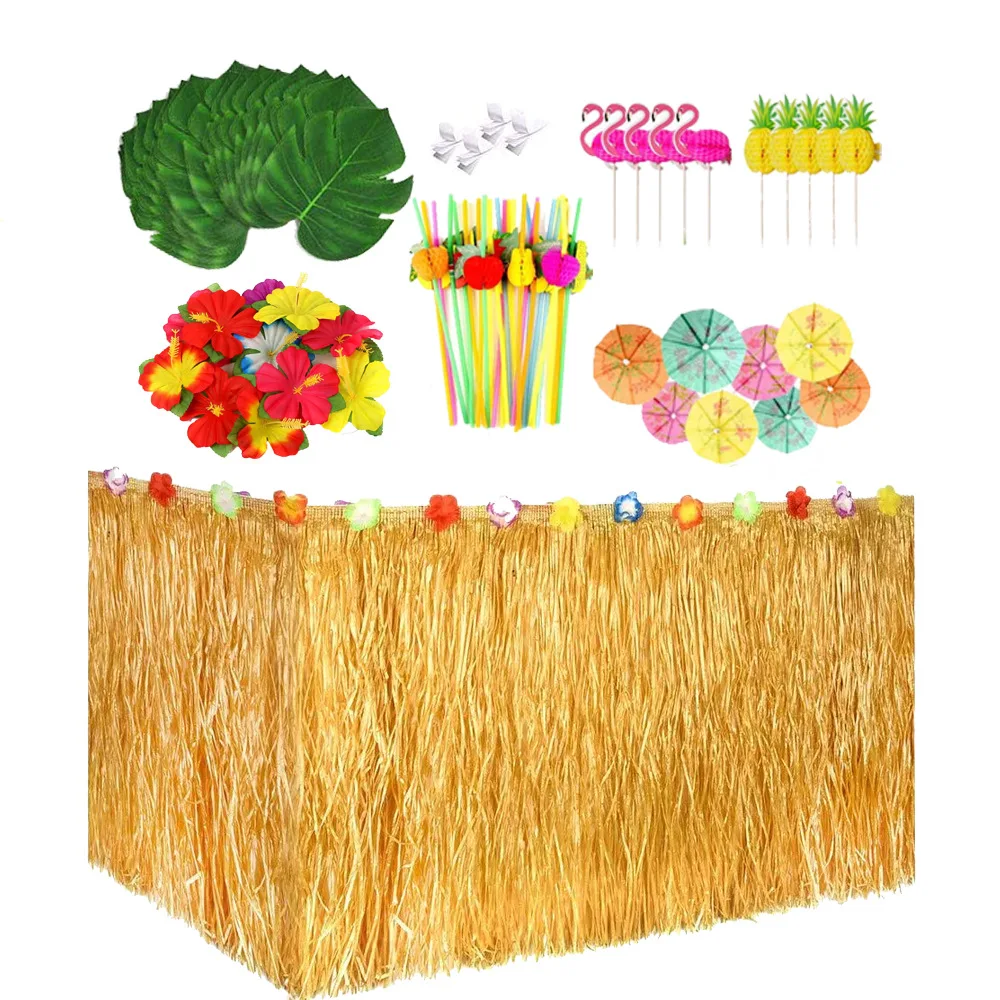 

Straw Hawaiian Tiki Moana Theme Party Supplies Straw Color Luau Grass Table Skirt for Tropical Hawaii Birthday Party Decoration