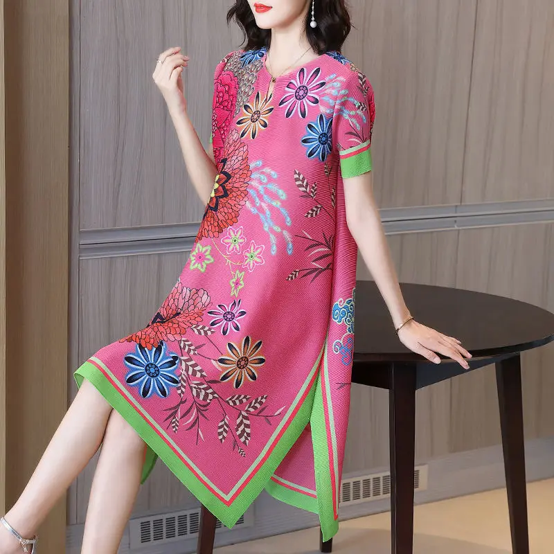 

Dress female 2022 summer new fashion Chinese style elegant casual pleated dress Western mid-length short-sleeved a-line skirt