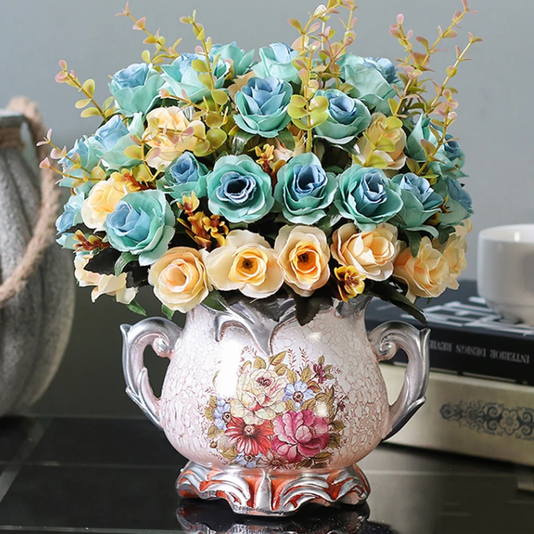 

European Ceramic Vase+Simulation Dried Flower Set Figurines Crafts Home Livingroom Office Desktop Fake Flowerpot Ornaments Decor