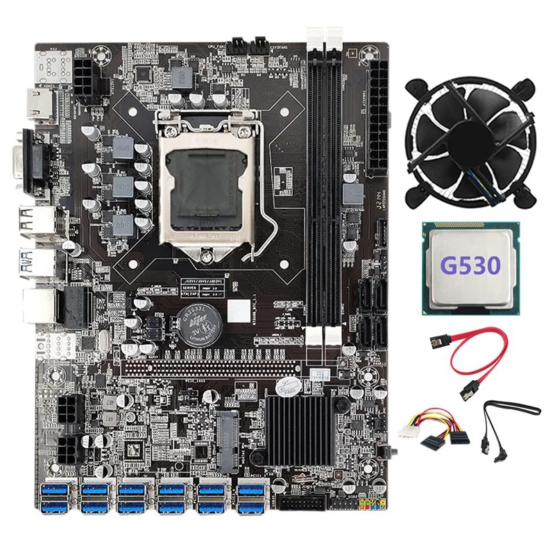 

B75 BTC Mining Motherboard 12 PCIE To USB With G530 CPU+4PIN To SATA Cable+Cooling Fan DDR3 LGA1155 B75 ETH Mining