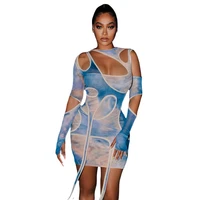 sexy tie dye irregular cut out long sleeve bodycon dresses for women hollow out club outfits party clubwear mini dresses