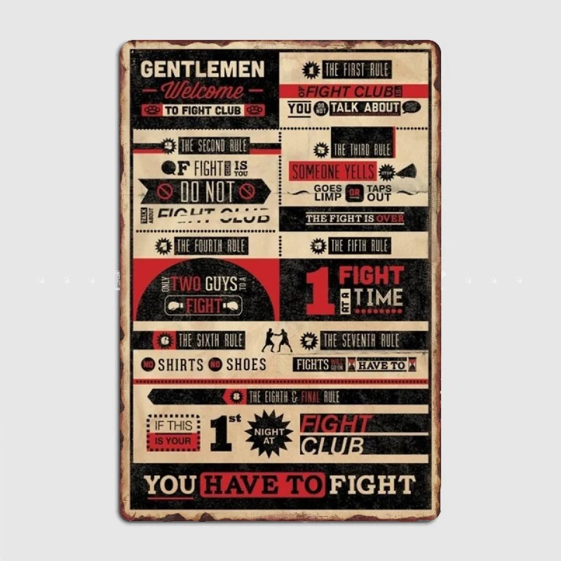 

FIGHT CLUB RULES Metal Sign Poster Designing Wall Cinema Garage Tin Sign Posters