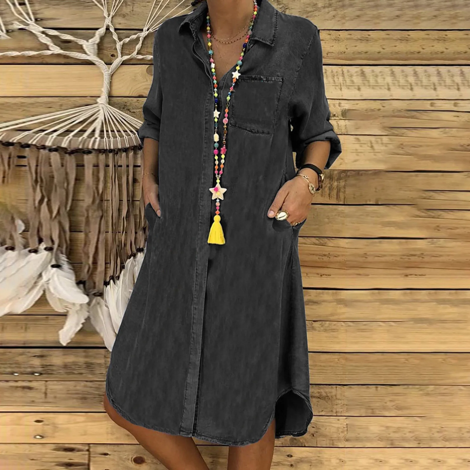 

Платье-рубашка женское льняное средней длины с V-образным вырезом