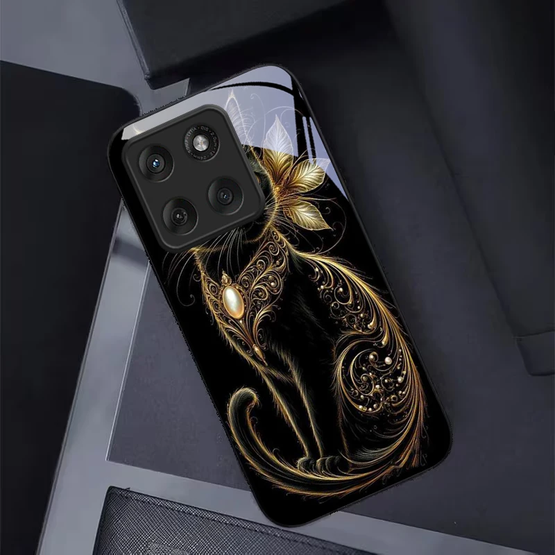 Фото Чехол для телефона Mystic Golden Pearl Cat из черного стекла для Motorola Moto Edge 60 70 20 Lite 30 Pro 40 50 Ultra X30 Pro G14 G75 G84 №4