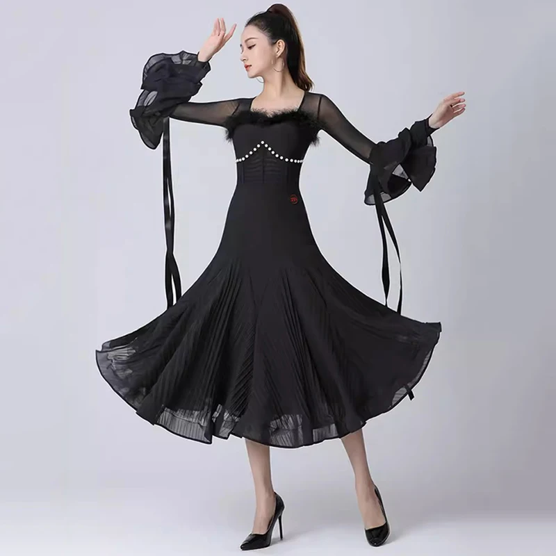 Новинка 2024 черные женские платья для бальных танцев одежда конкурсов вальса