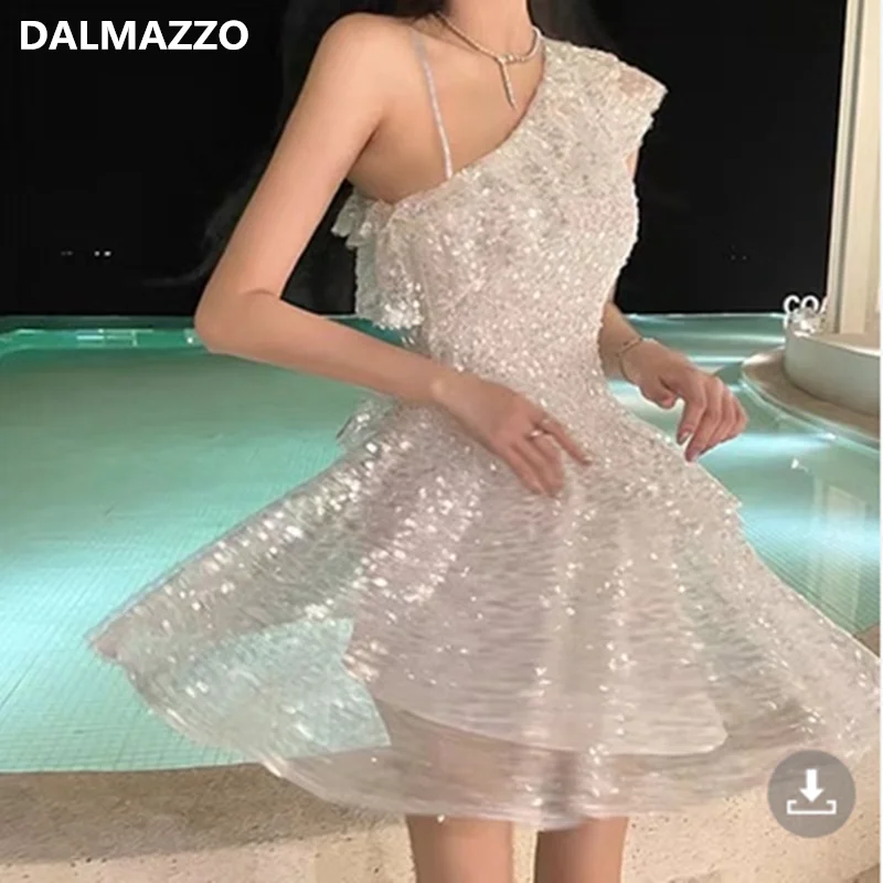 

DALMAZZO 2022 New Summer Designer Mesh Sequins Midi Dress Women Inclined Shoulder Spaghetti Strap Ruffles Party Vestidos
