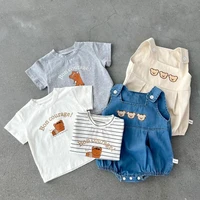 2022 summer new baby sleeveless denim bodysuit boy cute bear embroidery jumpsuit infant girl overalls toddler baby clothes