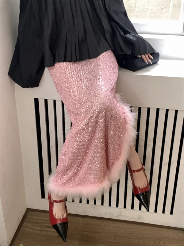 Heavy Sequin Feather Skirt Women Tassel Split Temperament Skirt Pink Skirts Korean Fashion Clothing Faldones Para Mujer