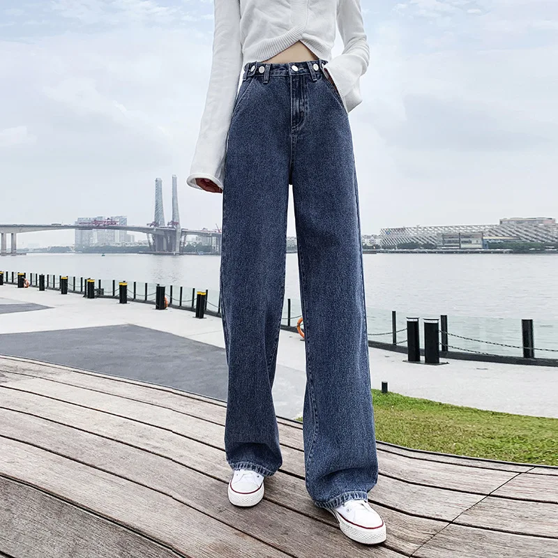Woman High Waist Wide Leg Straight Loose Denim Pants with Button Blue/Black Vintage Jeans Fashion Harajuku All-match Streetwear