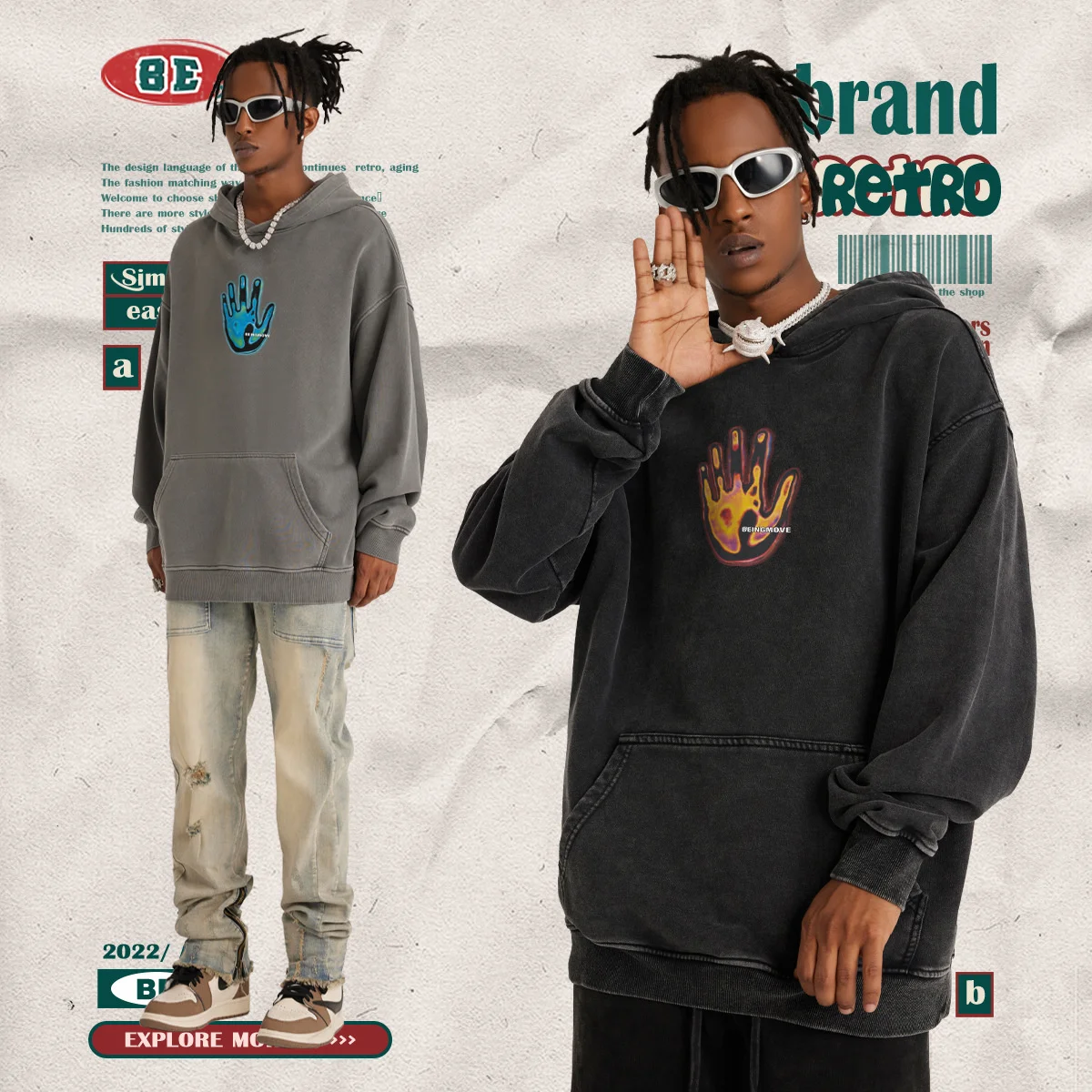 

BE men's wear | 440G washed old artistic conception printed hooded sweater in autumn and winter 2023 American fashion brand