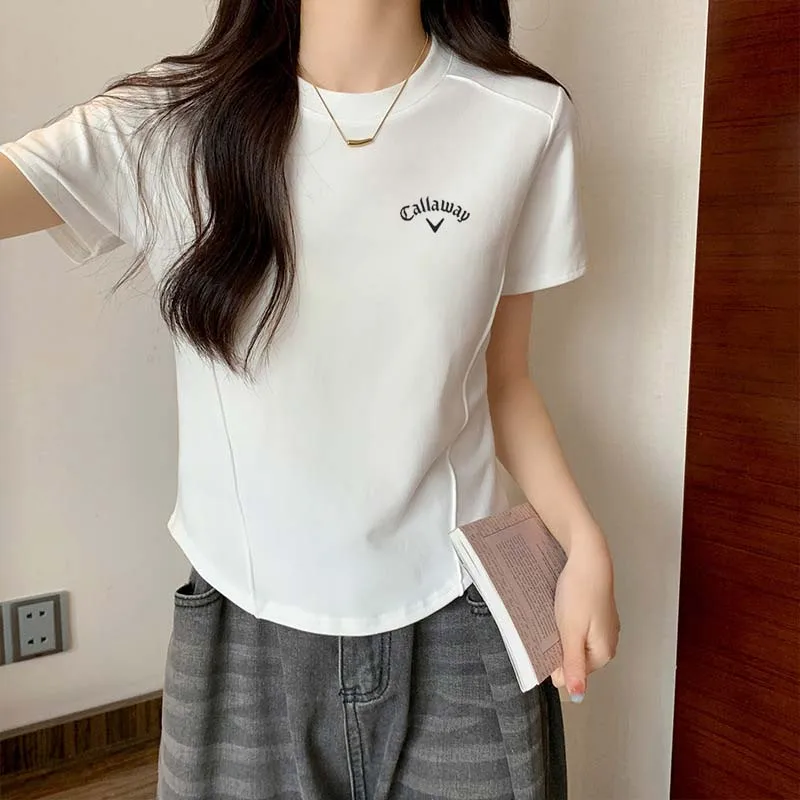 Women Pure Colour Golf T-shirt Summer Short-sleeved Casual  Splice Design O-neck T Shirt  Simple Slim Fishbone Style Top