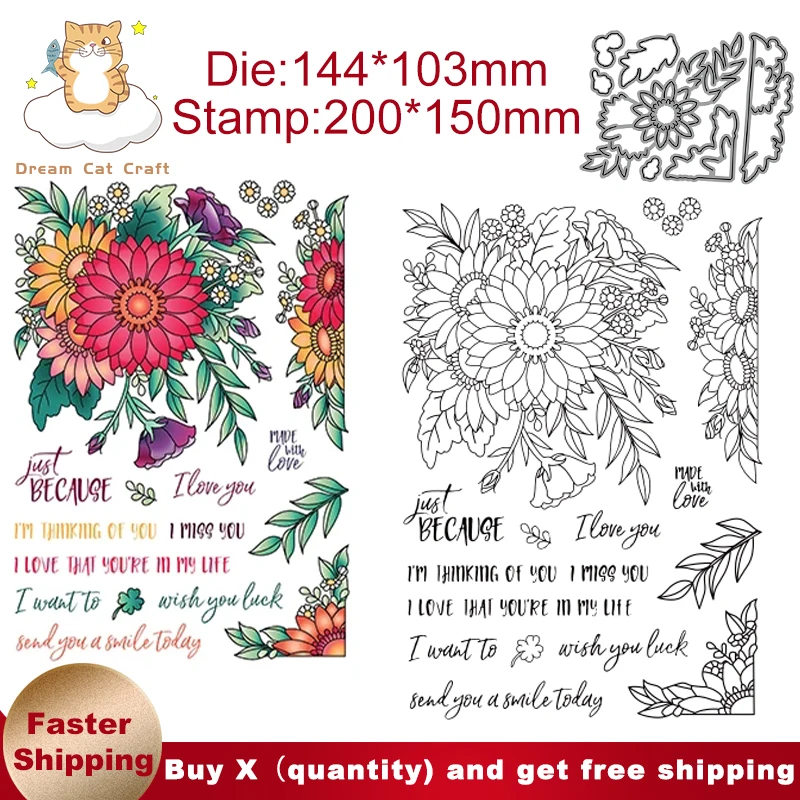 

Flower I Love You Miss You Metal Cutting Dies and Stamps Stencil for DIY Scrapbooking Photo Album Embossing Decorative Craft Die
