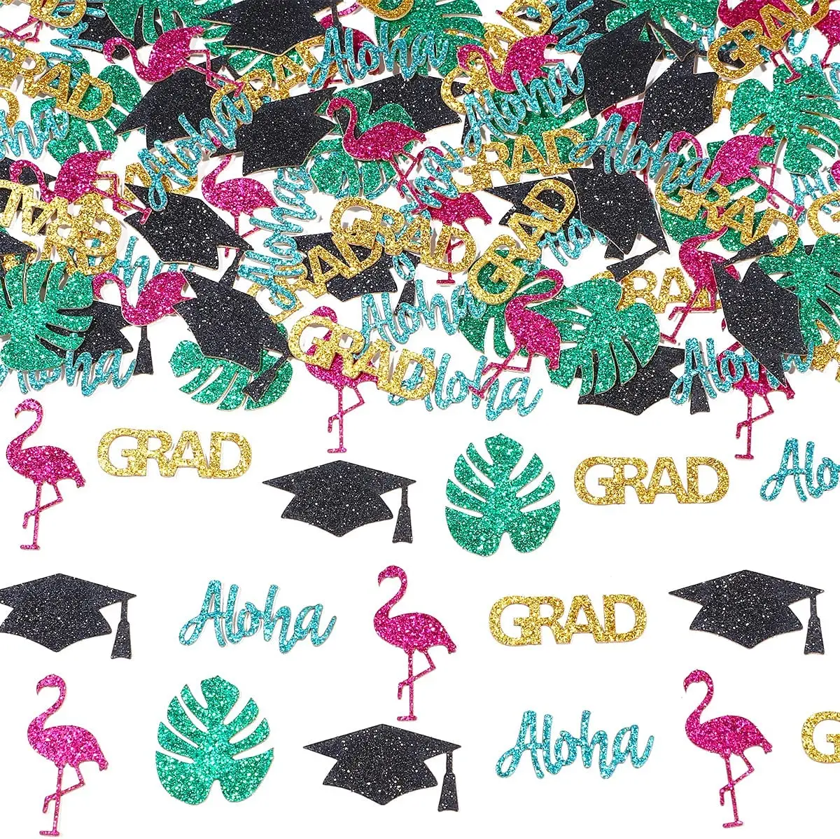 

Aloha Hawaiian Graduation Confetti 200PCS Aloha Grad Tropical Leaves Flamingo Graduation Cap Confetti for Graduation Decoration