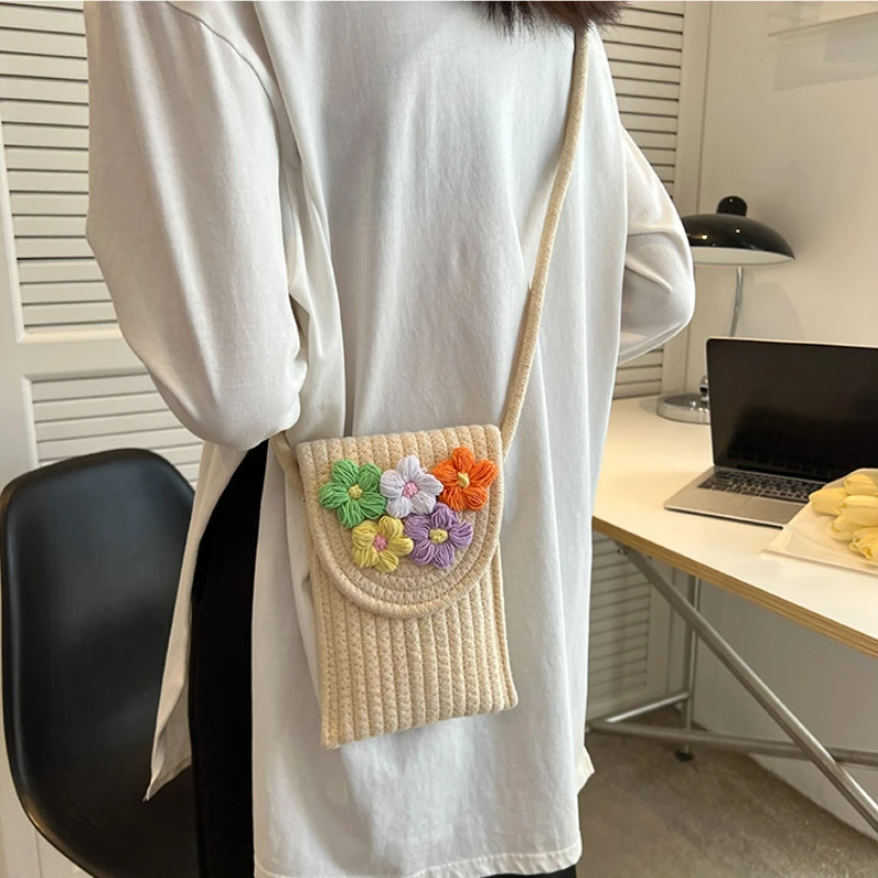 Cotton Rope Mobile Phone Bag Women Messenger Mini Small Bag Handwoven Flower Coin Purse Beach Bag Bolso Del Teléfono Móvil