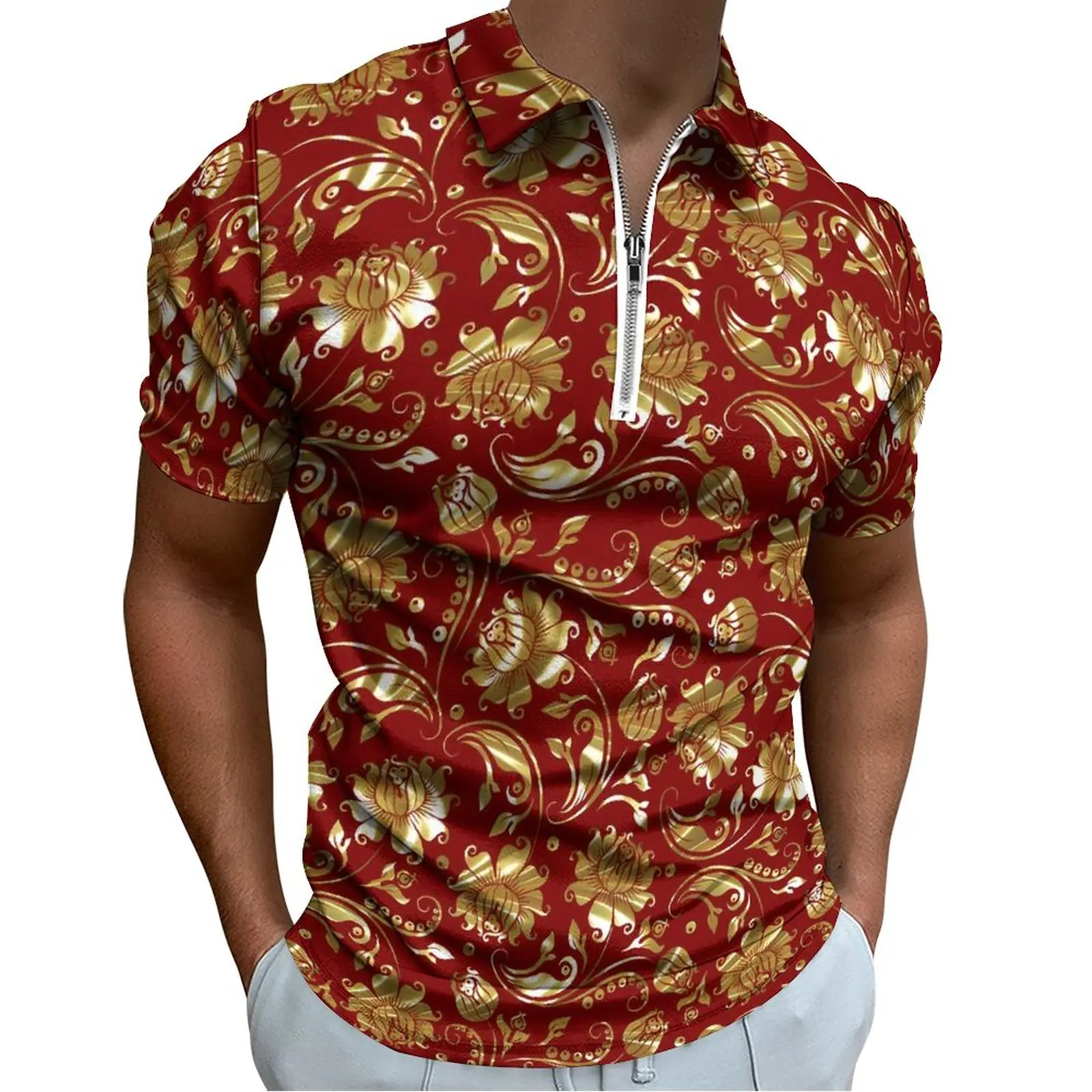 

Floral Damask Polo Shirt Gold And Red Casual Shirt Day Y2K Male Short Sleeve Collar Custom T-Shirts