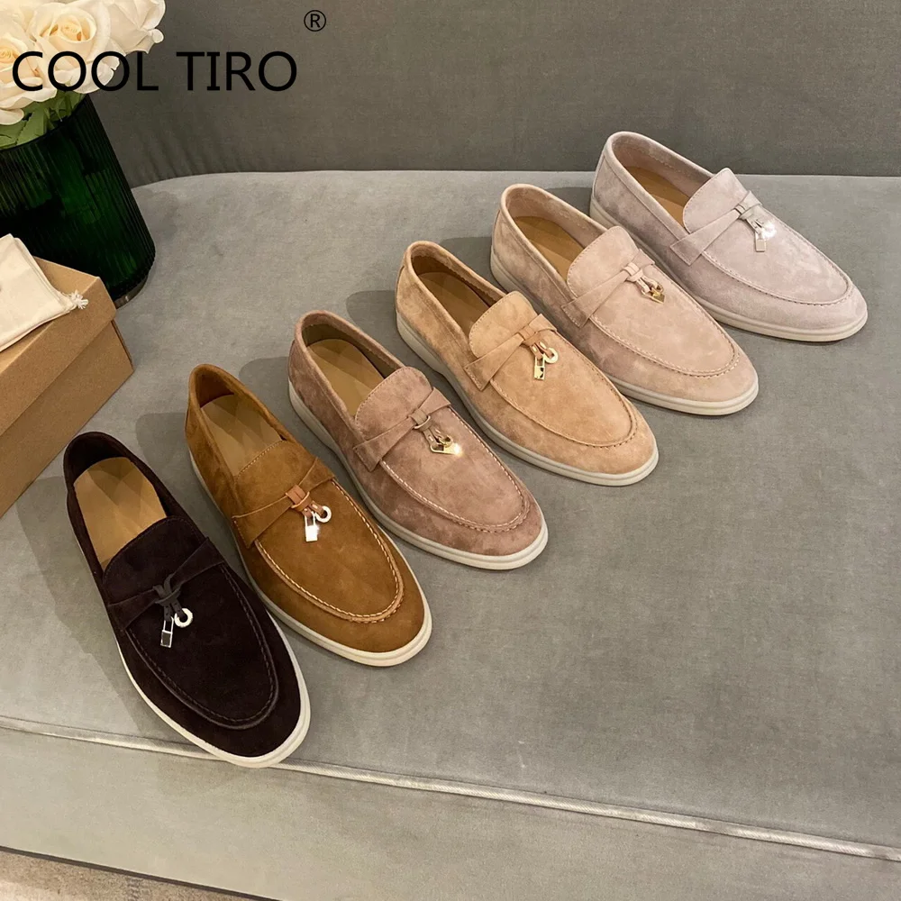 

Suede Women Flat Shoes Summer Walk Moccasin Metal Lock Tassel Soft Sole Slip On Comfortable Genuine Leather Causal Loafers Mules