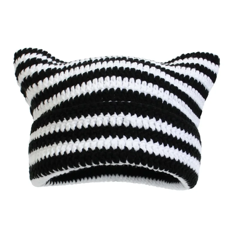 

Women Men Knitted Hat Warm Winter Beanie with Adorable Cat Ear Design Soft Striped Crochet Hat for Indoor and Outdoor Activities