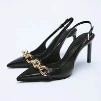 zrack 2022 summer high quality womens shoes black chain slingback leather temperament high heels pointed toe stiletto womens