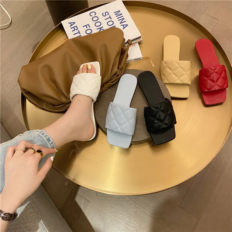 

PU Slippers Women Summer Square Toe Low Slides Flat Shoes Female Fashion Pantofle Soft Luxury 2022 Rubber Rome Fabric Hoof Heels