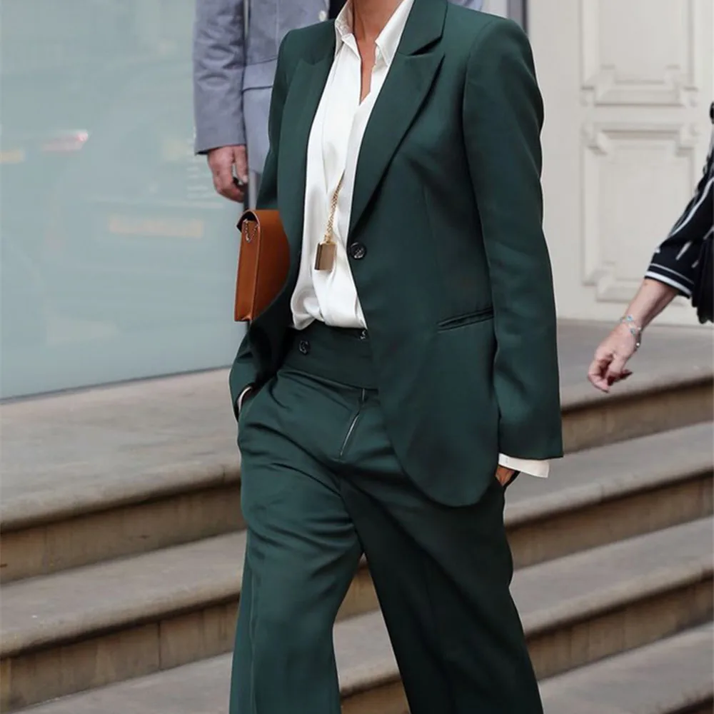 Ladies Retro Green Loose Blazer Suit Spring 20212 Elegant Women's Streetwear Solid Color Matching Suit (Coat + Pants)