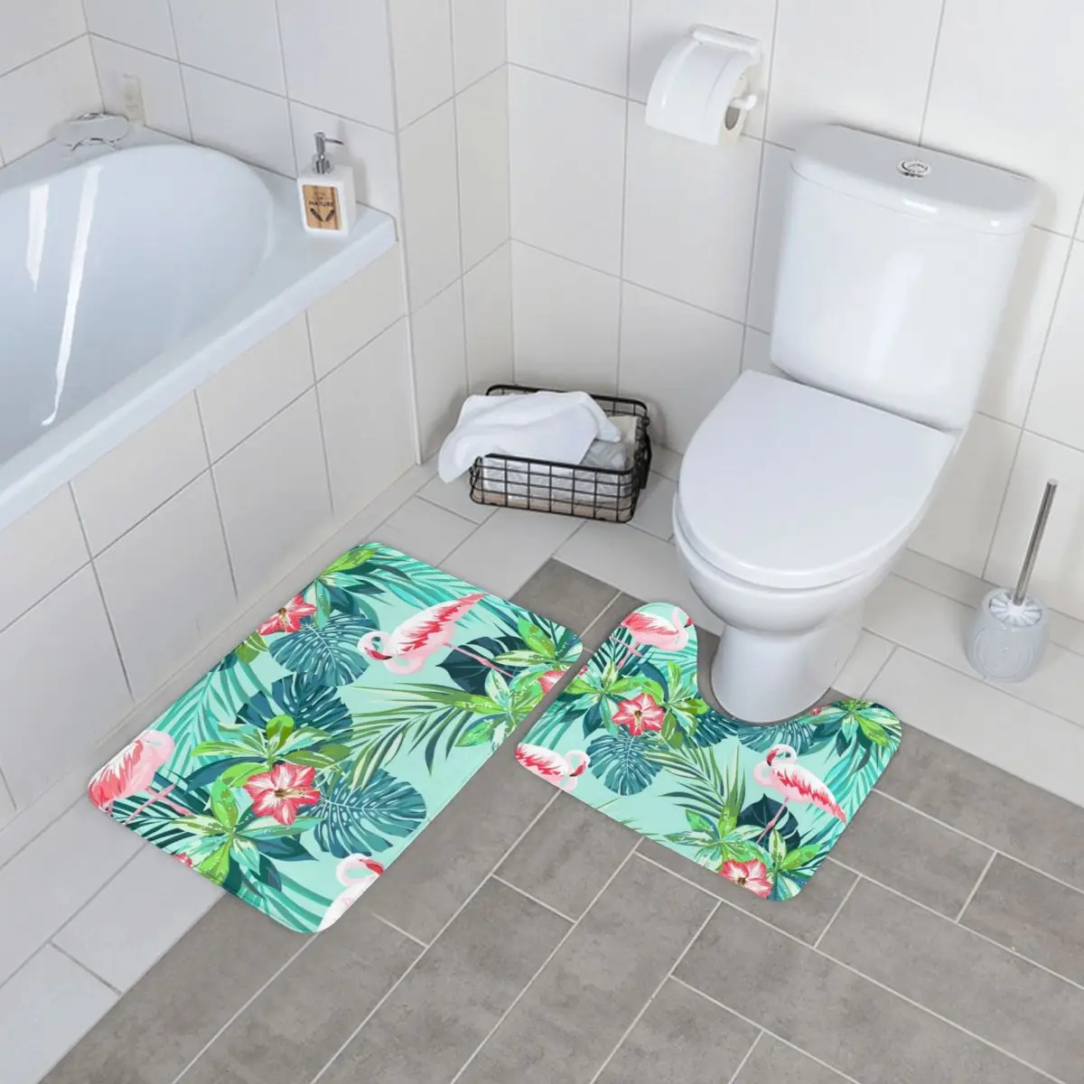 

Flamingo Flower Print Bath Mat Bright Green Leaf Polyester Door 2pcs Bathroom Mat Set Anti-Slip Vintage Bathroom Rug