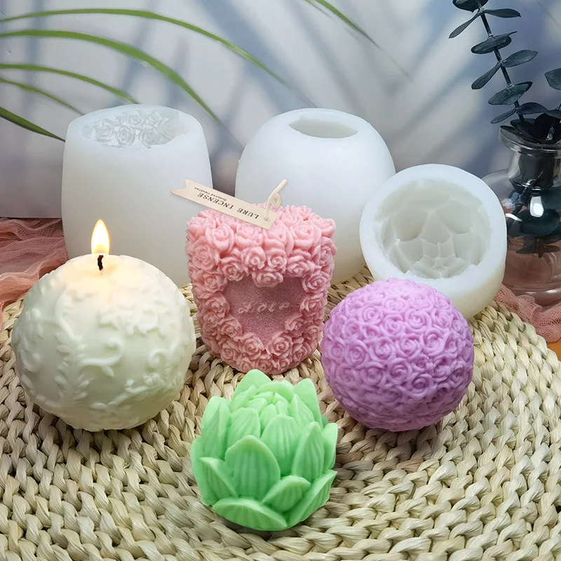 3D Rose Lotus Candle Silicone Mold Ball Flower Soap Aromatherapy Candle Mold Furniture Decoration Birthday Craft Gift