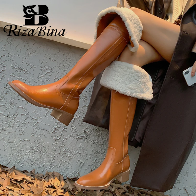 

RIZABINA 2023 Women Long Boots Real Leather Thick Fur Warm Winter Shoes For Woman Ins Over Knee Boots Female Footwear Size 34-40