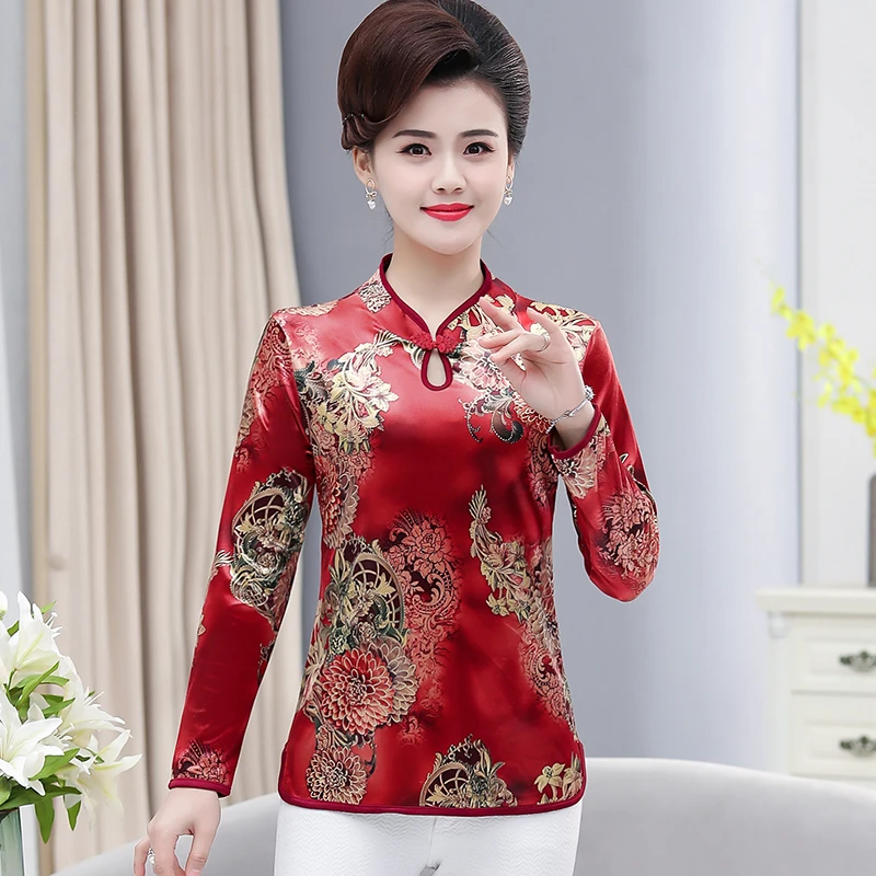 Chinese style Spring Female T-Shirt Middle-Aged Women'S T Shirt cheongsam collar Print 40-50 Years Old Mother Fashion Top