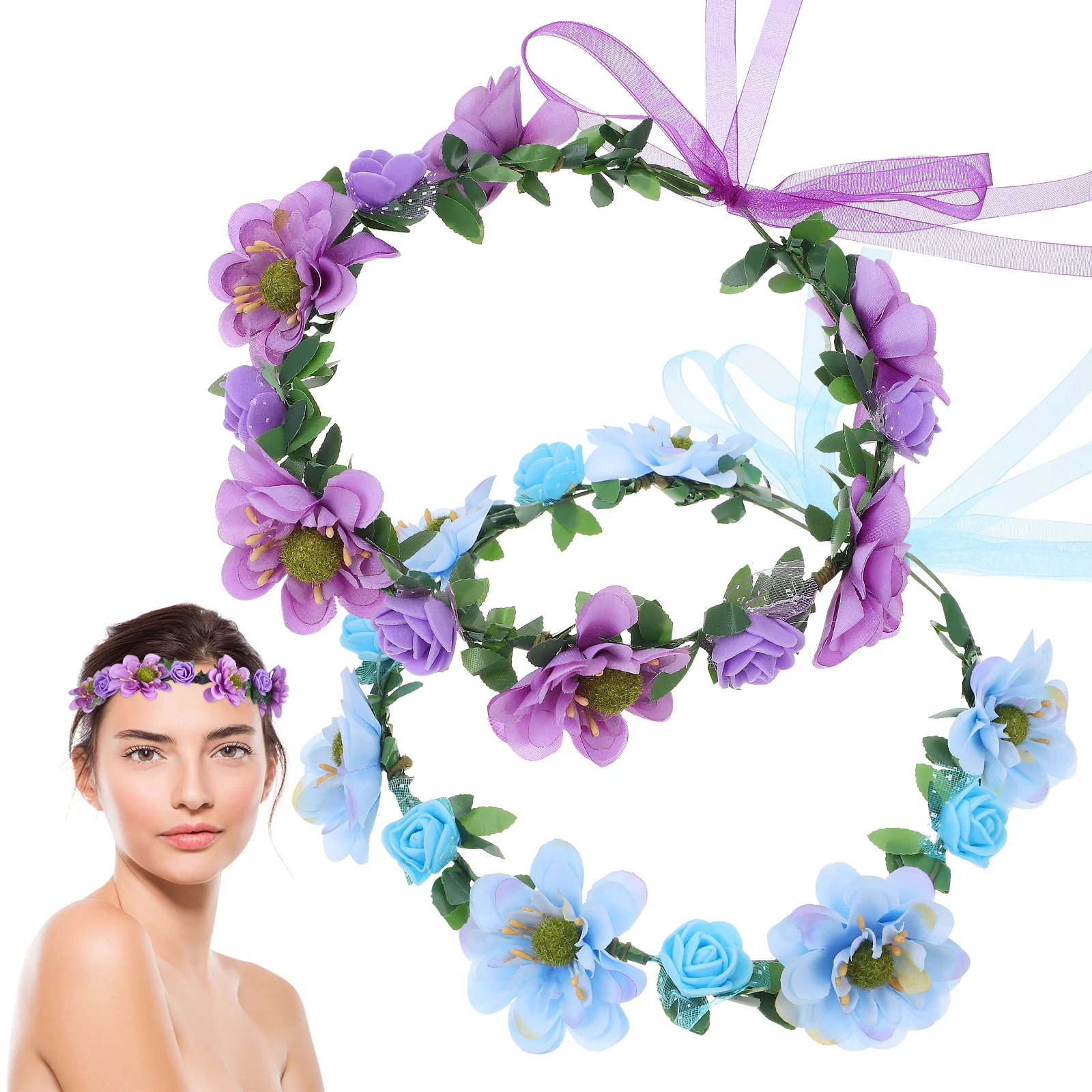 

2 Pcs Flower Headband Garland Tiara Headpiece Artificial Cloth Crown Fabric Headbands Women Miss