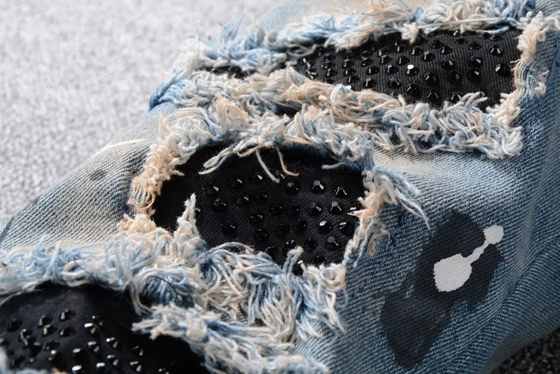 2023 Light Blue Streetwear Pants Men Y2K Destroyed Tie Dye Rivet Patched Skinny Stretch Ripped Slim Fit Denim Jeans Hombres