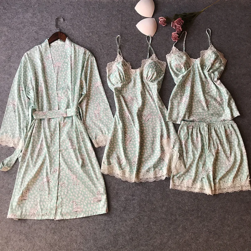 [ OUTFIT + STRAP DRESS + CAMIS + SHORT PANT ] 4pcs Set Sleepwear Pajama Suit Satin Chiffon Bathrobe Nightwear Lounge Plus Size